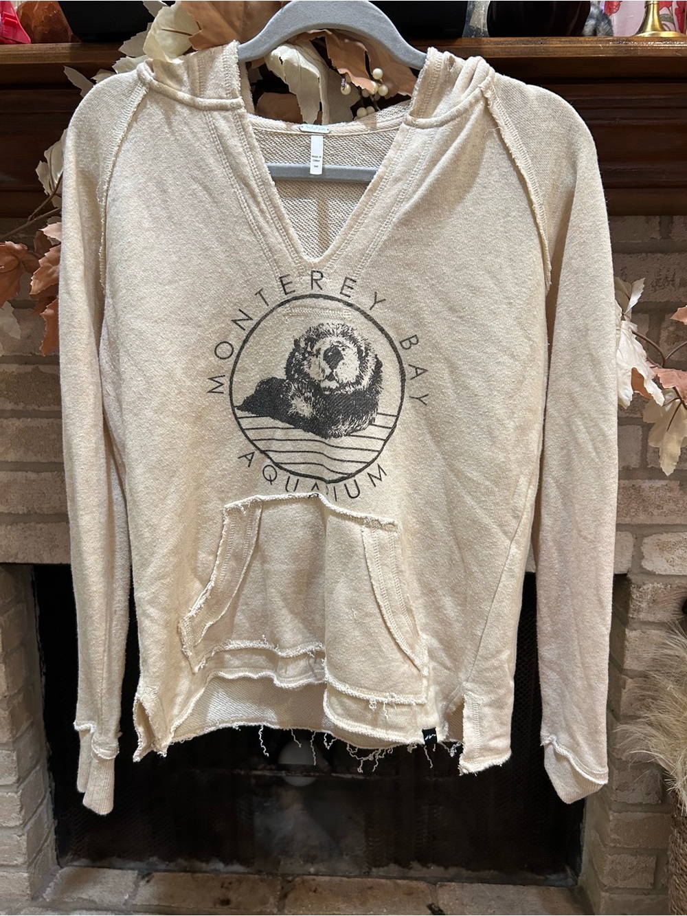 Old Navy Cream Monterey Bay Aquarium Otter Hooded Pullover EUC